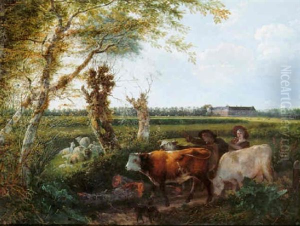 A Shepherd And Shepherdess Driving Cattle Along A Track By A Meadow Oil Painting by Gerard van Nymegen