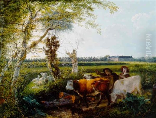 A Shepherd And Shepherdess Driving Cattle Along A Track By A Meadow Oil Painting by Gerard van Nymegen