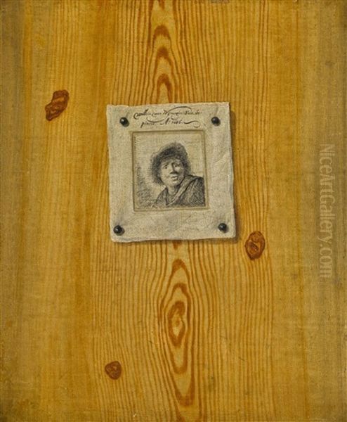 A 'trompe L'oeil' Of A Rembrandt Self Portrait Etching, Pinned To A Wooden Surface Oil Painting by Willem van Nymegen