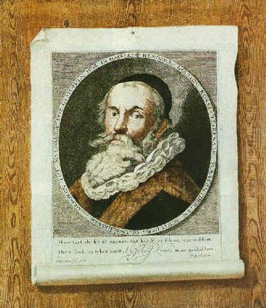 A Trompe L'oeil Of An Engraved Portrait Of The Painter Hendrick Goltzius Pinned To A Wooden Panel Oil Painting by Willem van Nymegen