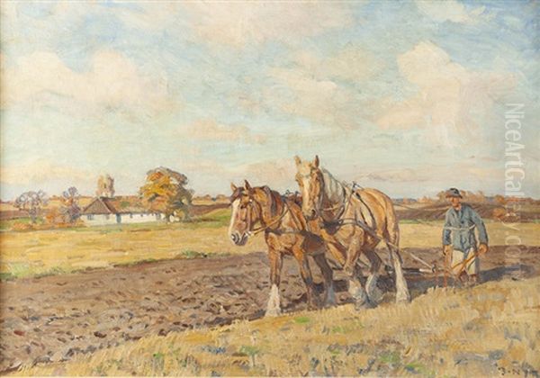 Man Plowing A Field With Horses Oil Painting by Borge Christoffer Nyrop