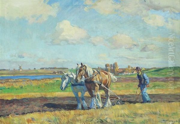 Panoramic Dutch Plowing Scene With Horses And Farmer, Windmills In The Distance Oil Painting by Borge Christoffer Nyrop