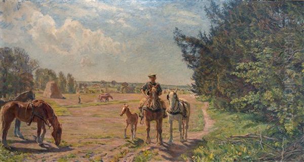 Grose Danische Erntelandschaft Mit Bauer Zu Pferd, Stute Und Fohlen An Einem Sommertag Oil Painting by Borge Christoffer Nyrop