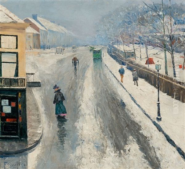 Snowy Street Oil Painting by Francis Nys