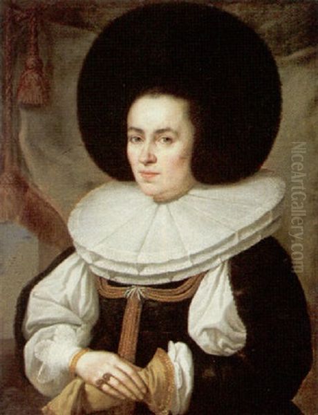 Portrait Of A Lady, Wearing A Black Dress With A Broad Lace Ruff And Fur Hat Oil Painting by Pieter Nys