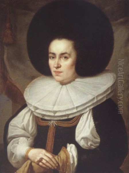 Portrait Of A Lady Wearing A Black Dress With A Broad Lace Ruff And Fur Hat Oil Painting by Pieter Nys