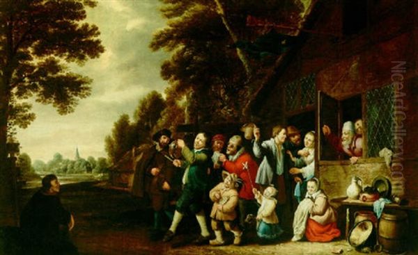 A Procession Of Peasants Leaving A Country Inn, Playing Musical Instruments And Singing Oil Painting by Pieter Nys