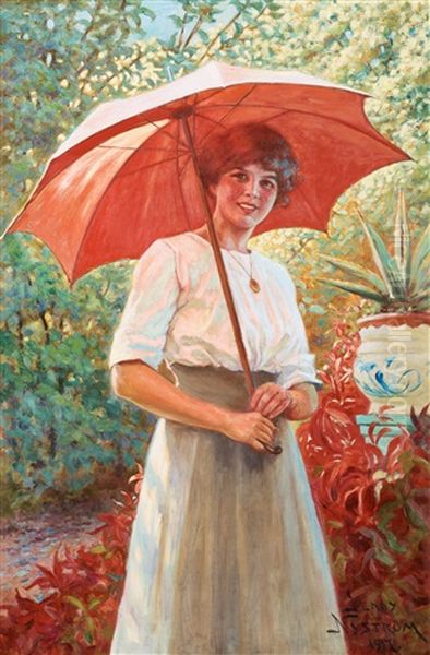 Det Roda Parasollet (the Red Parasol) Oil Painting by Jenny Nystroem