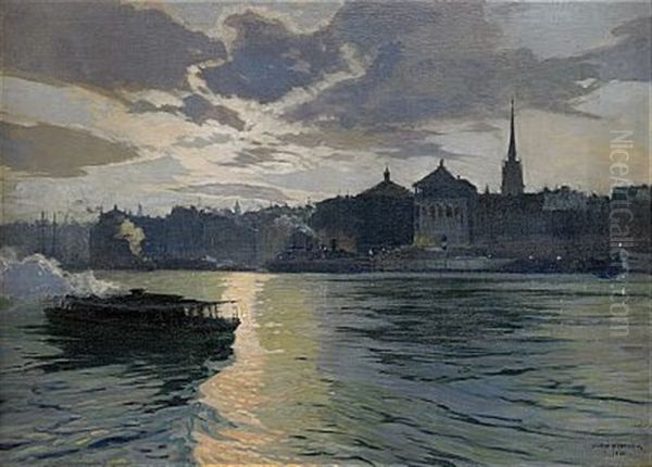 Stockholmsmotiv Mot Skeppsbron, Aftonstamning Oil Painting by John Nystrom