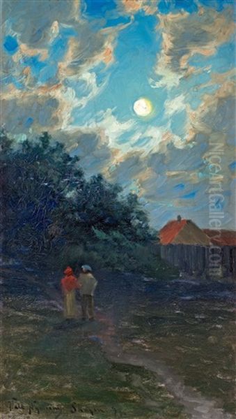 Moonlit Walk On Skagen Oil Painting by Valdemar Nystroem