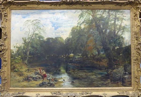 Figures At Rest Beside A Stream Oil Painting by John Wright Oakes