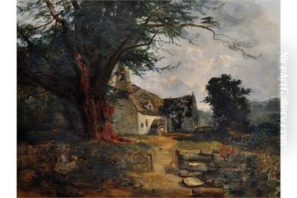 A Rural Church Oil Painting by John Wright Oakes