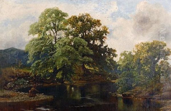 River Landscape With An Angler In The Foreground Oil Painting by John Wright Oakes