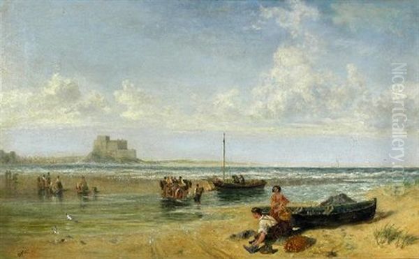 A Castle By The Seashore, With Fisherfolk Crossing An Estuary By Horse-drawn Cart Oil Painting by John Wright Oakes