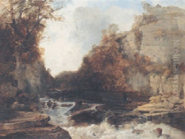 Rocky Glen And River, Derbyshire Oil Painting by John Wright Oakes