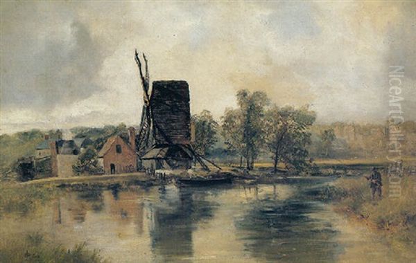 Angler Fishing Beside A Windmill Oil Painting by John Wright Oakes