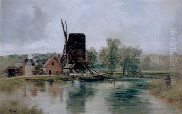 Angler Fishing Beside A Windmill Oil Painting by John Wright Oakes