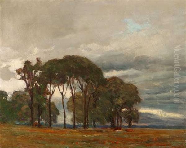 Cloudy Day - Cattle In Eucalyptus Landscape Oil Painting by Wilbur L. Oakes