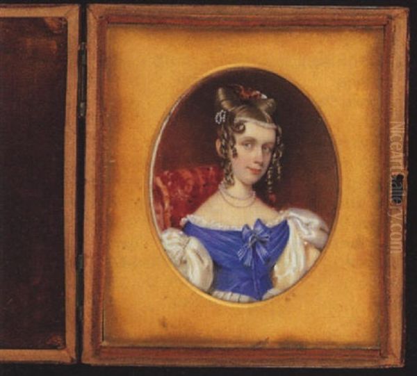 A Young Lady Wearing Decollete Dess With Blue Bodice, White Skirt And Lace Trim, A Bow At Her Corsage, Pearl Necklace And Strand In Her Hair, In Ringlets With A Comb Oil Painting by Octavius Oakley