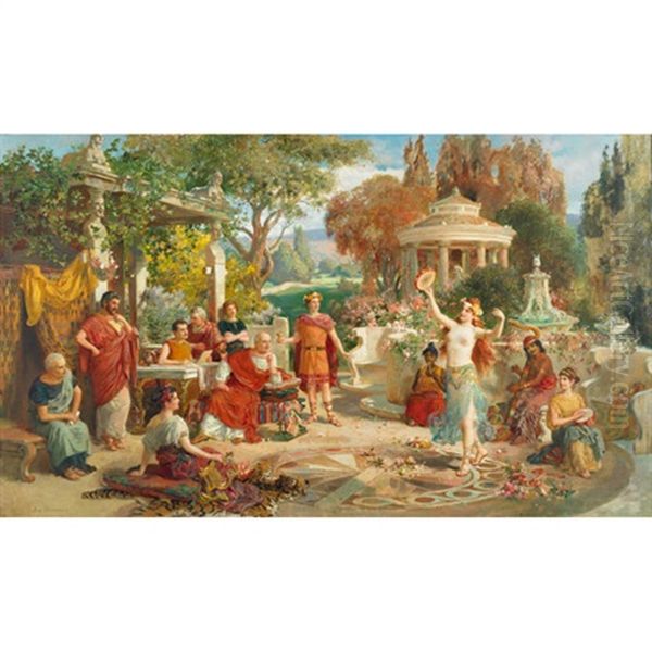 Harem Girls Performing In A Roman Garden Oil Painting by Emmanuel Oberhauser