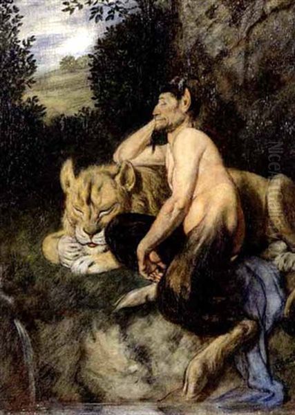 Faun Und Lowin Oil Painting by Adolf Oberlander