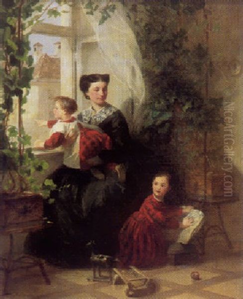 Junge Mutter Mit Zwei Kindern Am Fenster (frau Des Kunstlers Mit Ihren Kindern?) Oil Painting by Adolf Oberlander