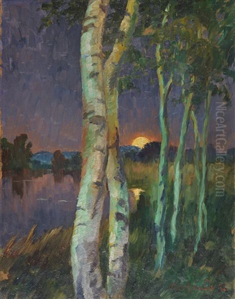 Birken Bei Sonnenuntergang Oil Painting by Hans-Emil Oberlaender