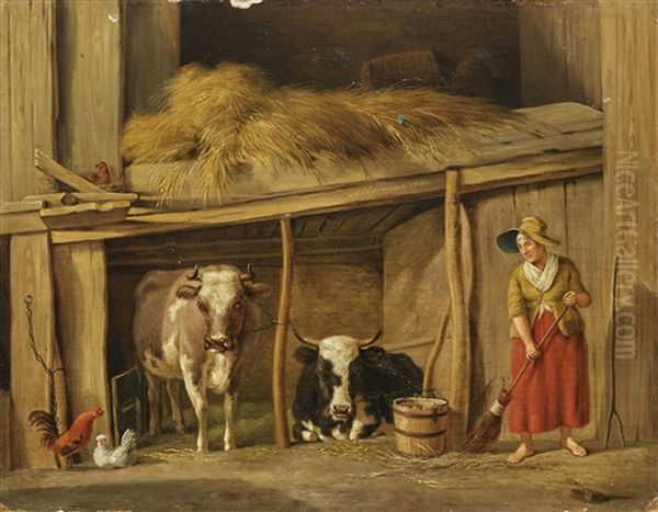 Farmers Wife With Cows In The Barn by Anthony Oberman