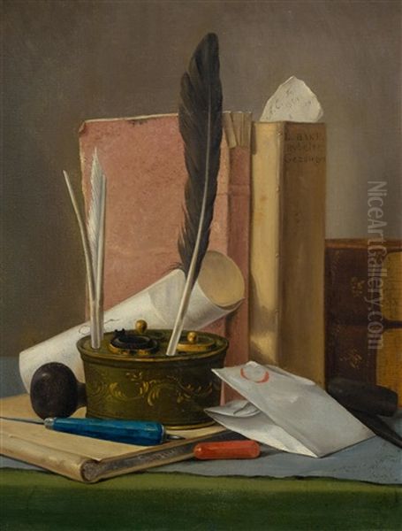 Still-life With Books And Writing Instruments Oil Painting by Anthony Oberman