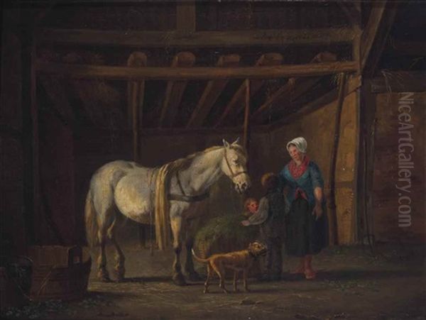 Family With A Grey Horse In A Stable Oil Painting by Anthony Oberman