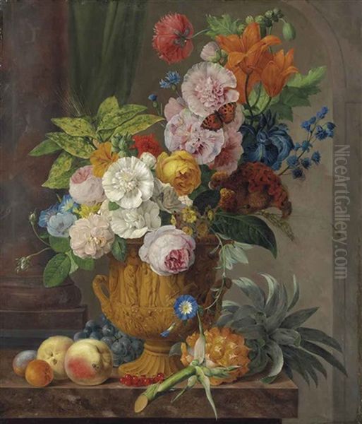 Roses, Lilies, A Sheaf Of Wheat, Morning Glories And Other Flowers In A Sculpted Urn... Oil Painting by Anthony Oberman