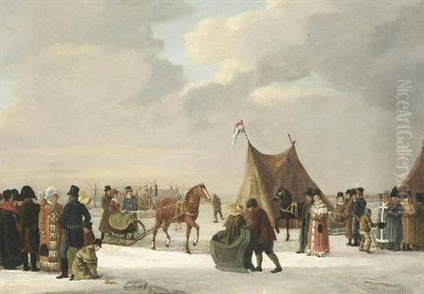 Auf Dem Eise. Zahlreiche Personen Mit Schlitten Auf Einem Zugefrorenem See Oil Painting by Anthony Oberman