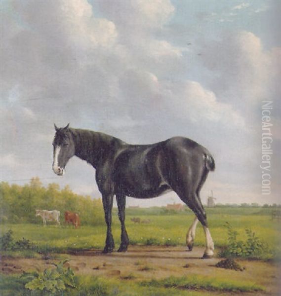 A Horse Standing In A Landscape, Cows In A Meadow Beyond, A Mill In The Distance Oil Painting by Anthony Oberman