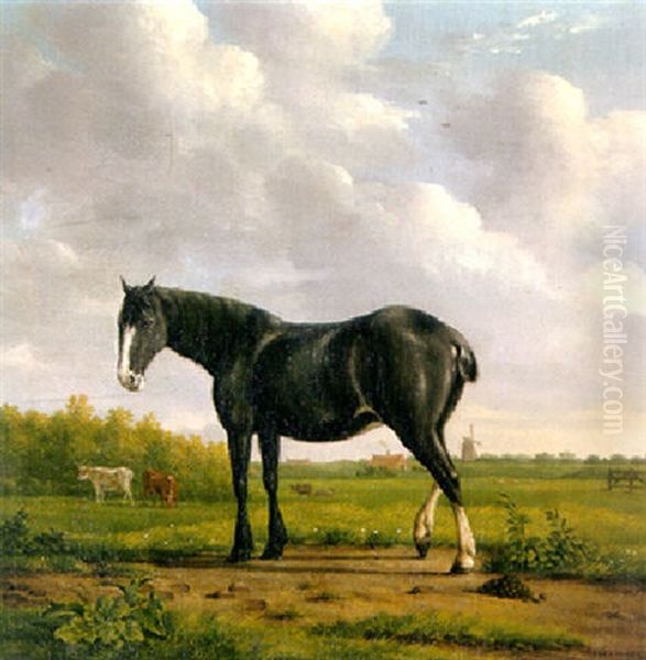 A Horse Standing In A Landscape, Cows In A Meadow Beyond, A Mill In The Distance Oil Painting by Anthony Oberman