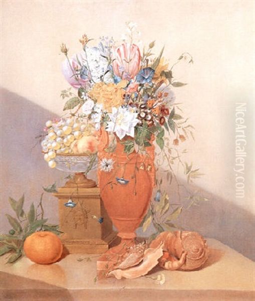 Blumenstilleben Mit Muscheln Und Einer Orange Oil Painting by Anthony Oberman