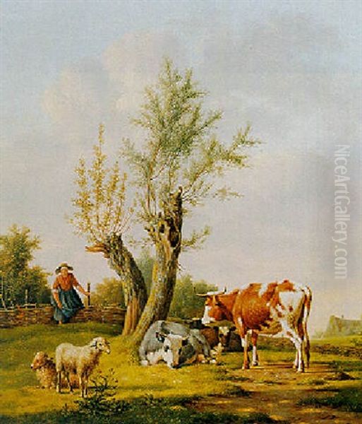 A Shepherdess With Sheep And Cows Oil Painting by Anthony Oberman