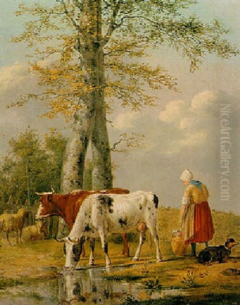 A Cowherd With Cattle In A Meadow Oil Painting by Anthony Oberman