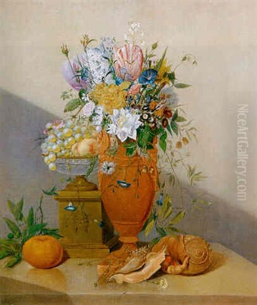 Blumenstilleben Mit Muscheln Und Einer Orange Oil Painting by Anthony Oberman