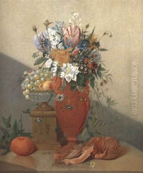 Stilleben Mit Blumenstraus In Urnenvase, Obstgef_lltem Tafelaufsatz... Oil Painting by Anthony Oberman