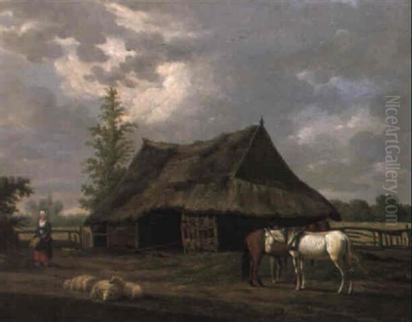 Figures With Horses And Sheep In Classical Landscape Oil Painting by Anthony Oberman