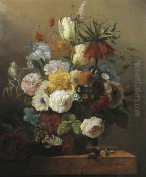 Still Life Of Flowers In A Vase On Stone Ledge Oil Painting by Anthony Oberman