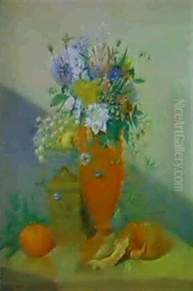 Stilleben Mit Einem Blumenstrauss In Einer Ornamental       Verzierten Tonvase, ... Oil Painting by Anthony Oberman