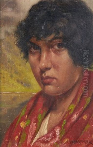 Portrait De Femme Au Chale Rouge Oil Painting by Franz Obermueller