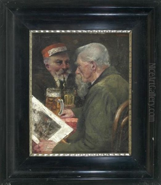 Herrenstammtisch (zwei Bartige Manner Beim Biertrinken) Oil Painting by Franz Obermueller