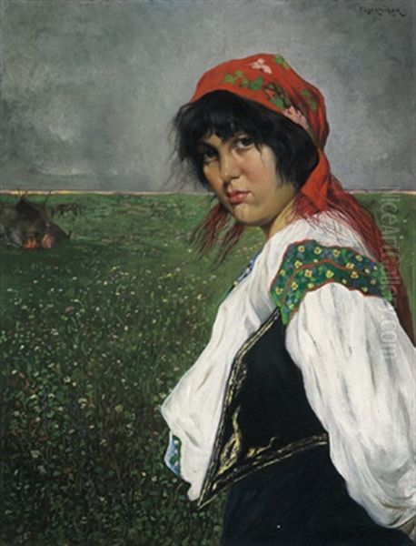 Portrait Eines Zigeunermadchens Vor Eine Pusztalandschaft Oil Painting by Franz Obermueller