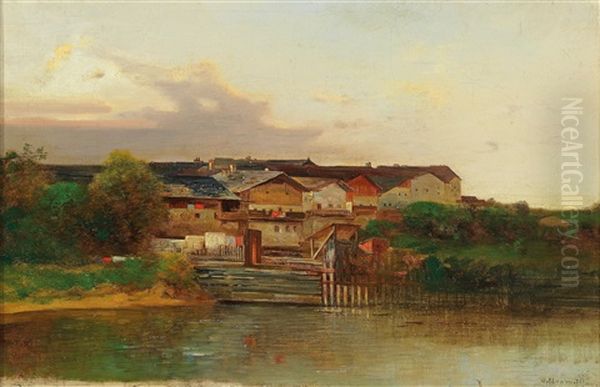 A Weir On The River Oil Painting by Adolf Obermuellner