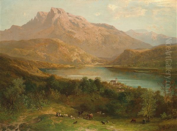 Der Mondsee Mit Schafberge Oil Painting by Adolf Obermuellner