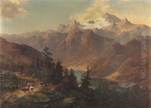 Blick Auf Den Gosausee Und Das Dachsteinmassiv Oil Painting by Adolf Obermuellner