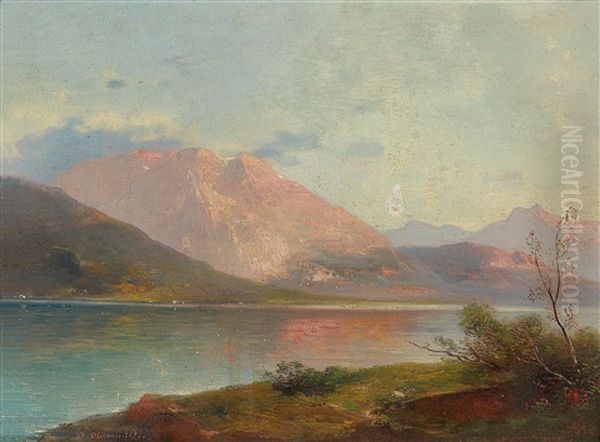 Evening Light Over The Gmundner See Oil Painting by Adolf Obermuellner