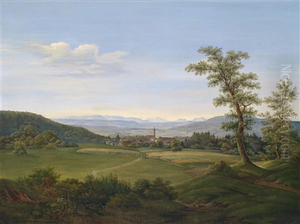 Blick Von Mattighofen Gegen Das Salzkammergut Mit Traunstein Oil Painting by Adolf Obermuellner